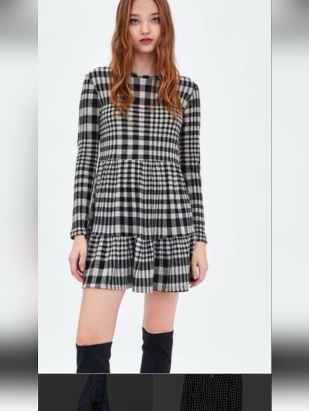 Zara Black & Cream Plaid Long-Sleeve Tiered Mini Dress Size Small